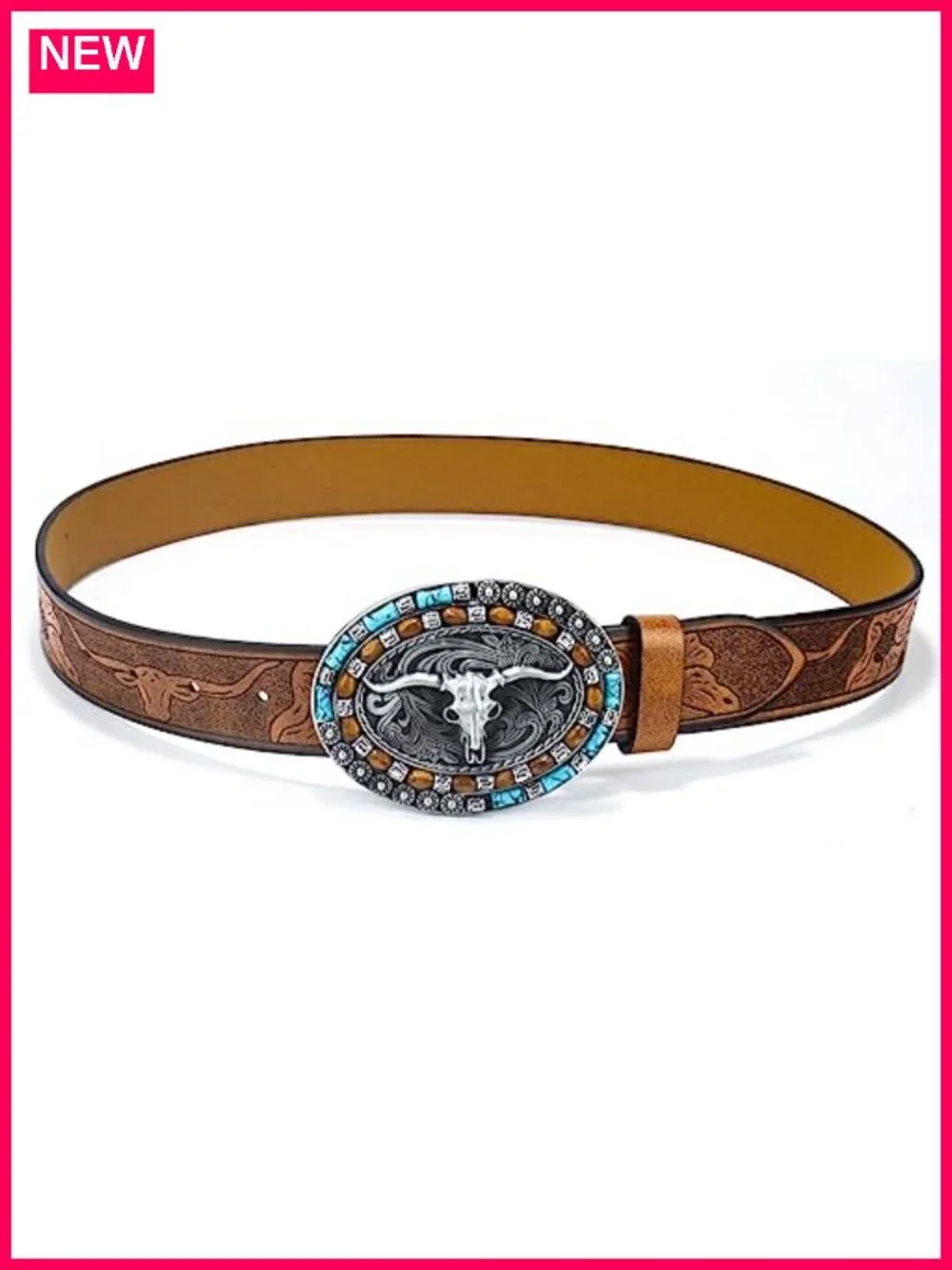 Western Cowgirl Leather Belt Turquoise Oval Buckle Embossed Faux Leather